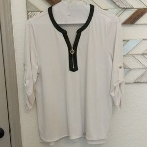 Sleek White Top w/ Blk Faux Leather Trim, Gold-Tone Zipper
